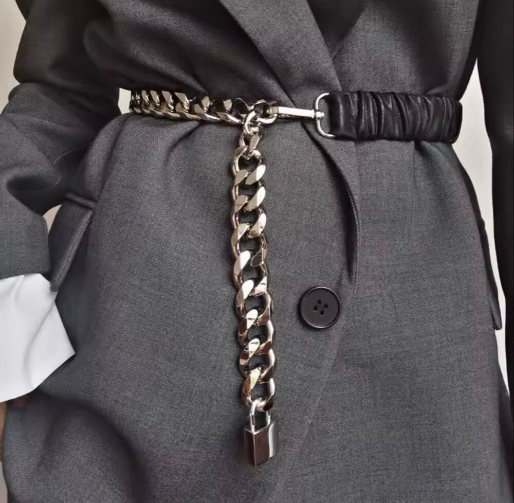 Italian Luxury Boutique Vegan Leather Stretch Adjustable Chain Statement Belt